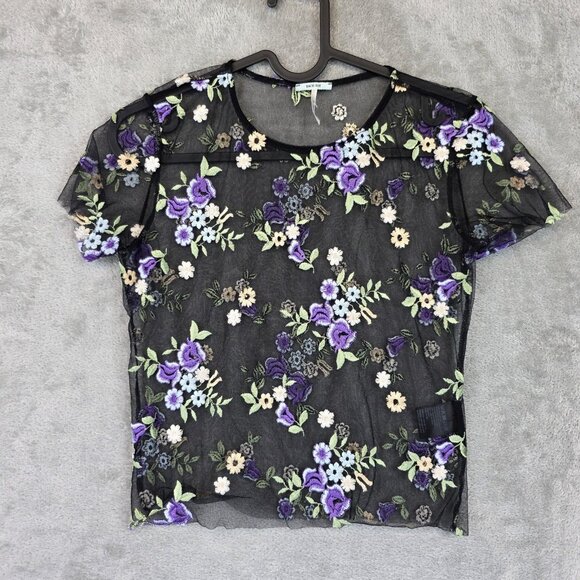 Kimchi Blue Shirt Womens XS Black Mesh Sheer Floral Embroidered Short Sleeve - Picture 1 of 10